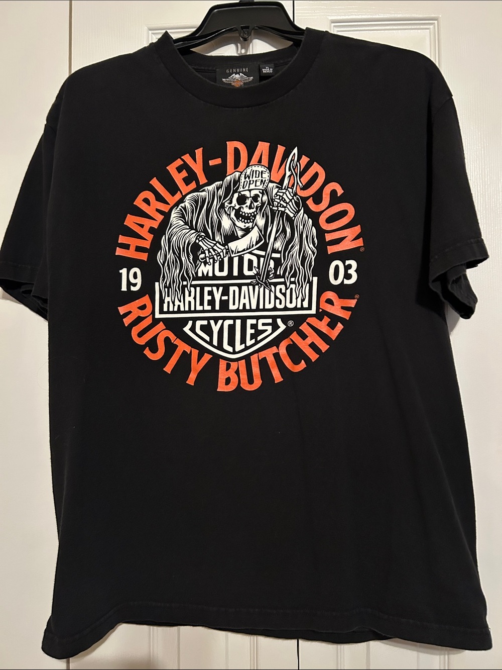 Harley-Davidson Black Tee with Orange & White Rusty Butcher Graphic